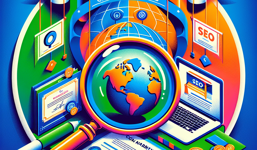 Vibrant illustration: Digital marketing courses, global SEO, certificates.