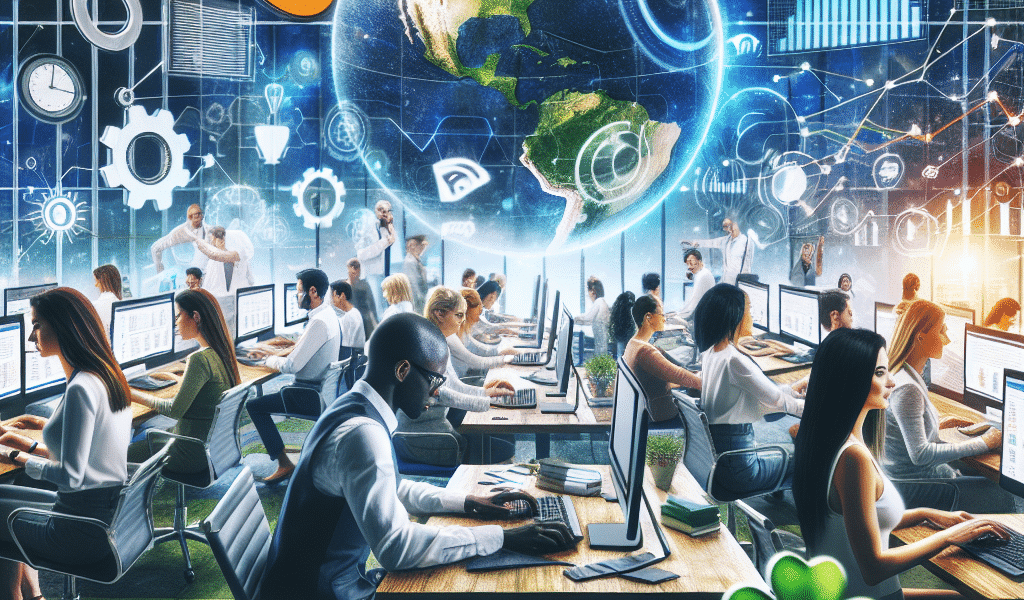 Global tech office with Irish flags, shamrocks, and workers.