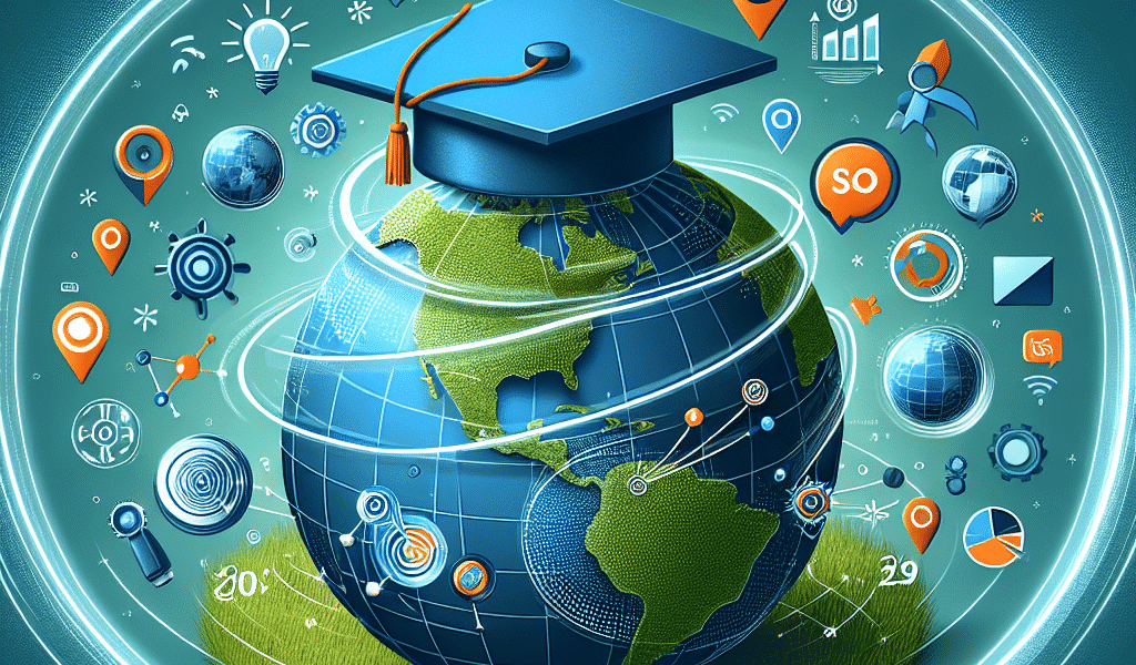 Graduation cap on globe surrounded by education and technology icons.