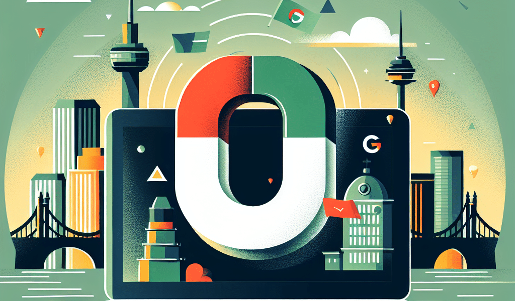 Laptop displaying cityscape with large red-green U and Google branding.