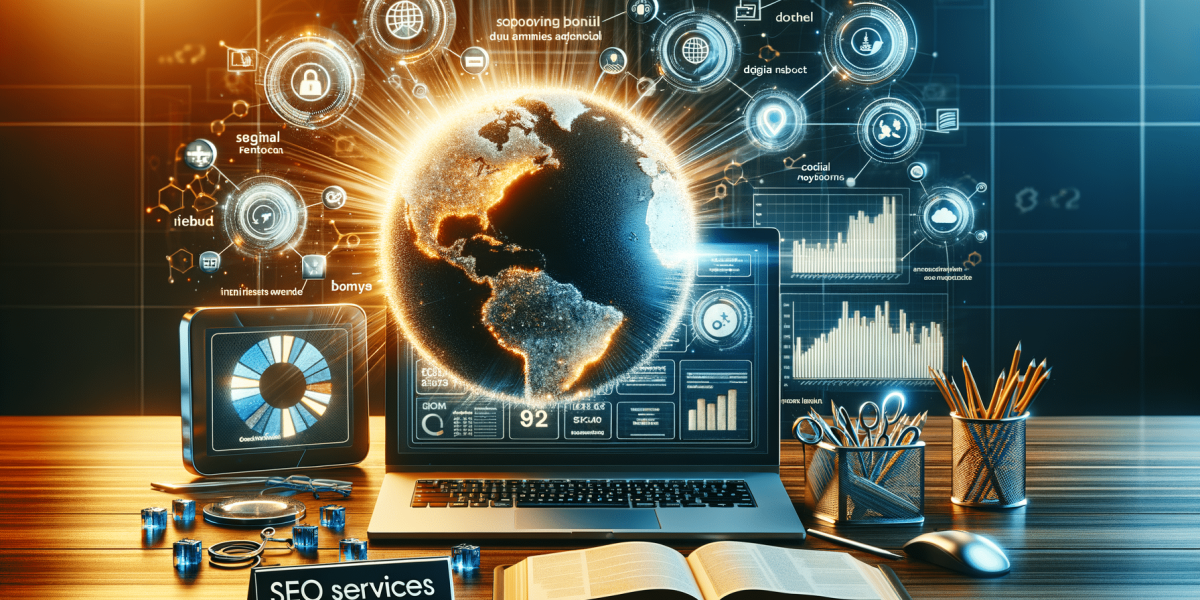 Global SEO services with data visualisation on laptop screen.