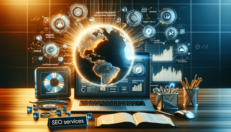 Global SEO services with data visualisation on laptop screen.