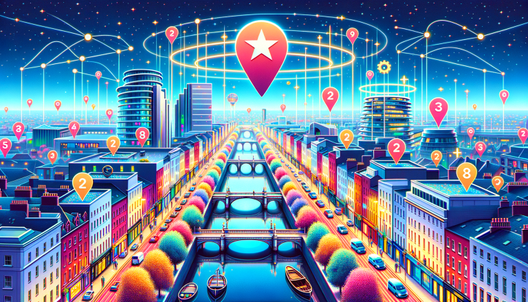 Vibrant city with glowing map pins and interconnected digital network.