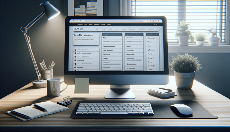 Modern desk with computer displaying an SEO dashboard and lamp.
