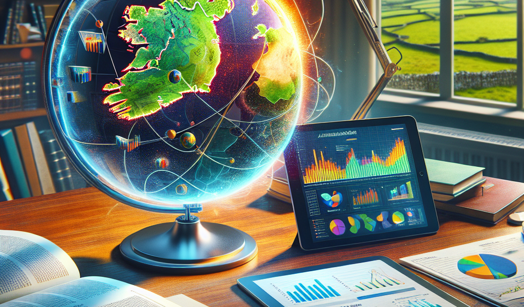 Digital globe with Ireland, data visualisations on desk.