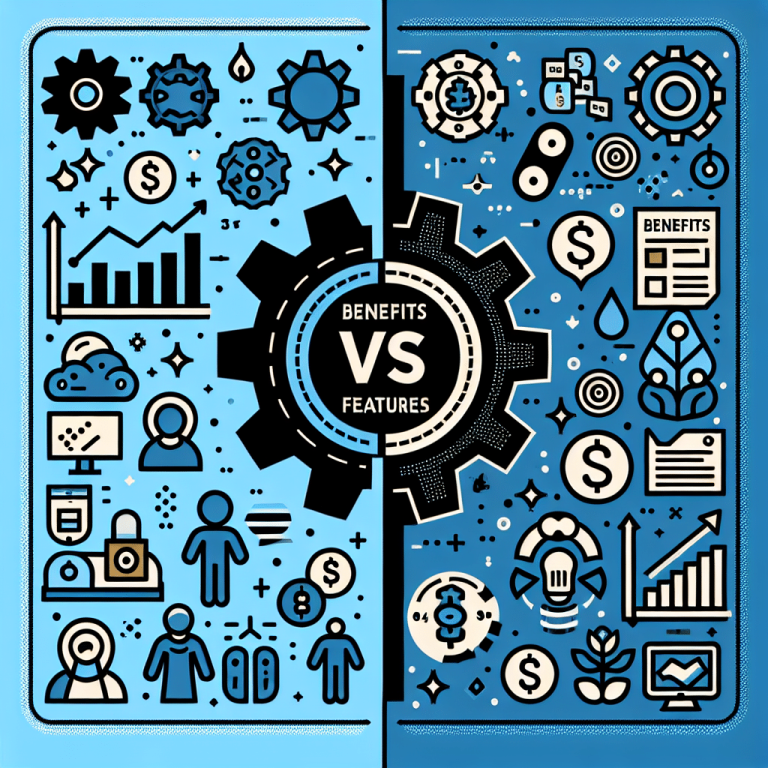 Benefits vs Features comparison infographic with business icons.