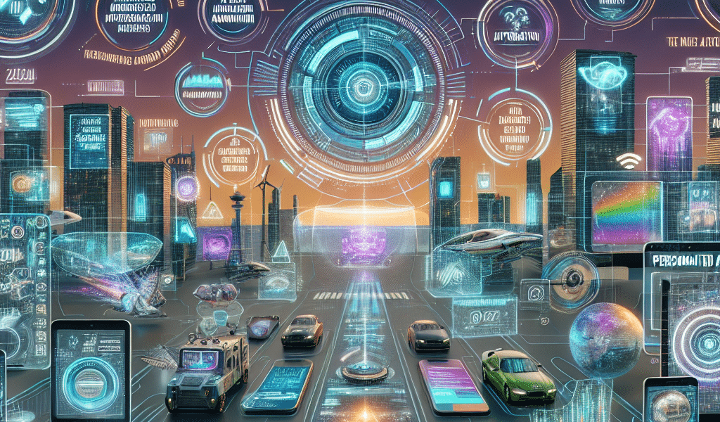 Futuristic cityscape with holographic digital marketing trends and technology.