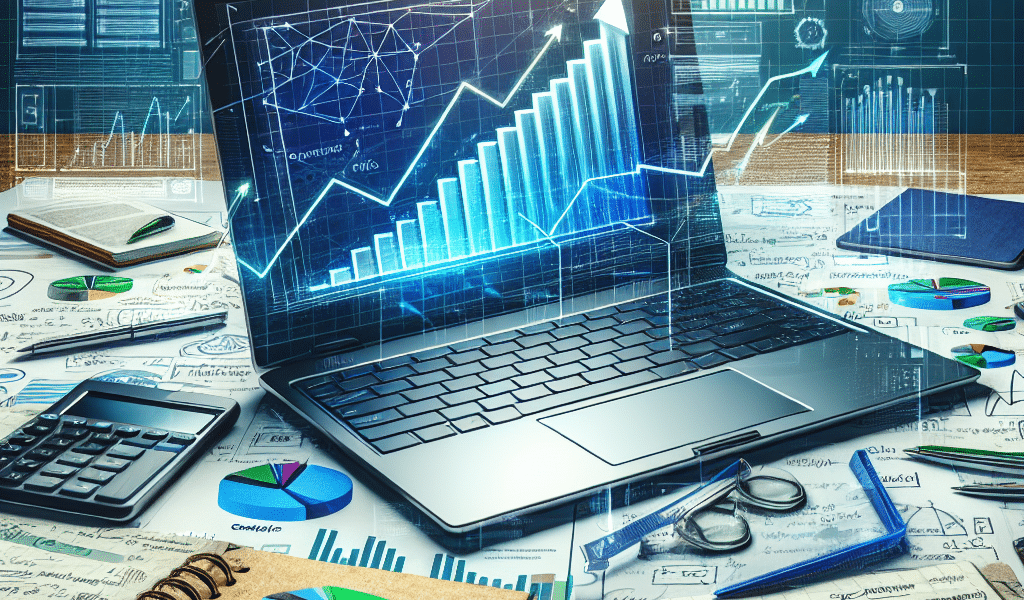 Laptop displaying glowing growth charts surrounded by business analysis tools.