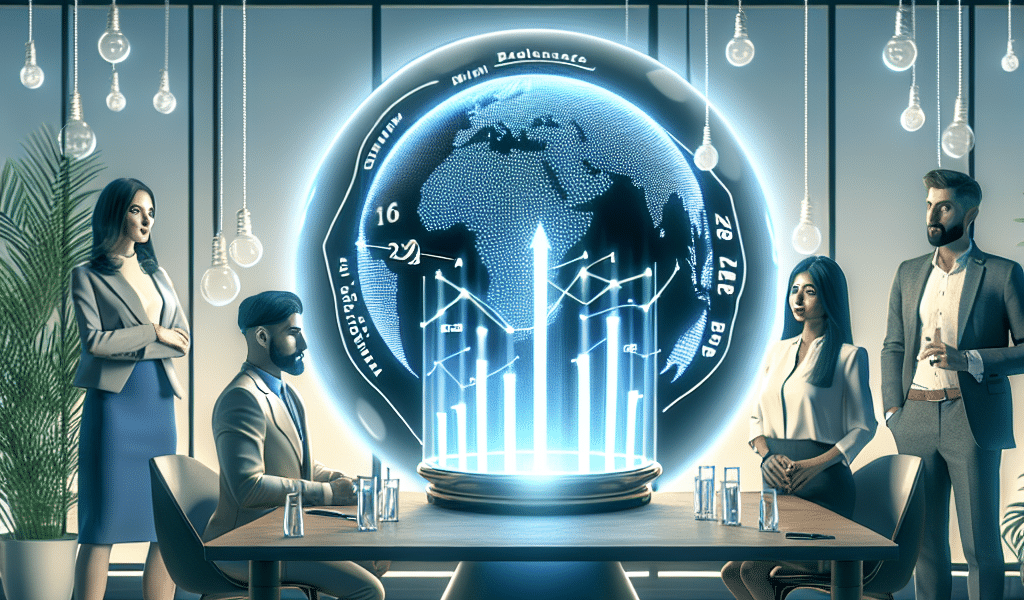 Executives analysing B2B marketing predictions from a glowing holographic globe.