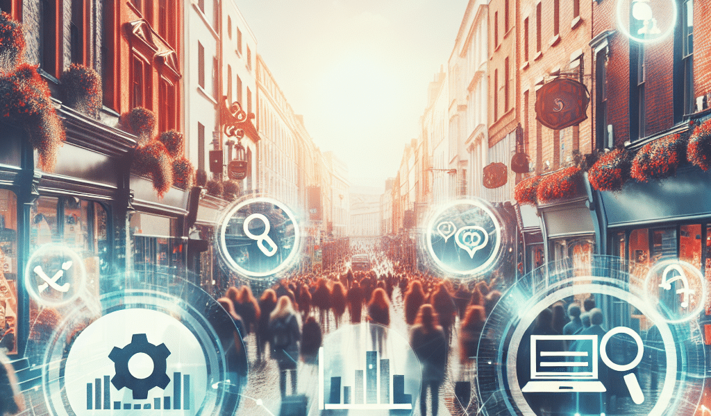 Bustling city street with digital shopping and data icons.