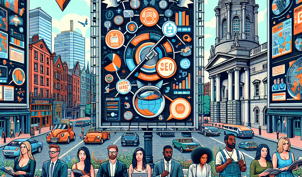 Digital marketing billboard in city, professionals seated discussing business.