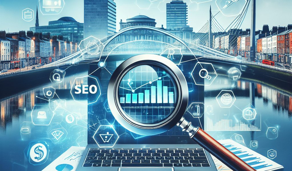 SEO data analysis displayed on laptop in a vibrant digital city.