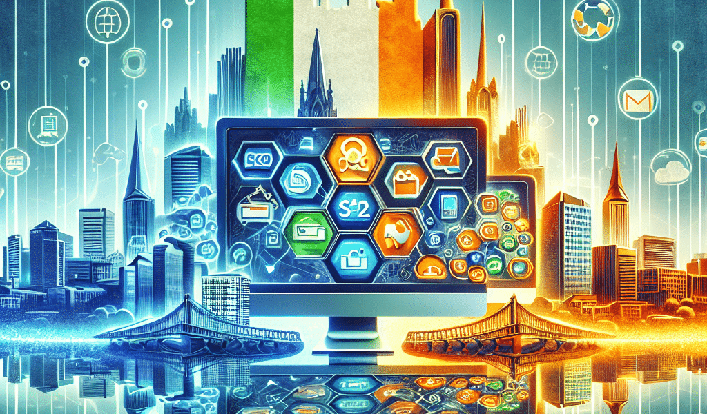 Technological cityscape with Irish flag colours and interconnected digital services.