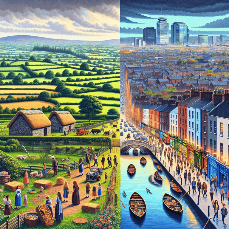 Pastoral Irish countryside versus vibrant urban Dublin scene.