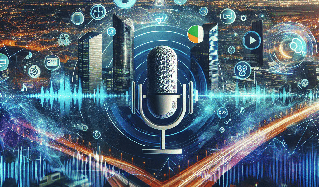 Microphone, cityscape, glowing data streams and sound waves.