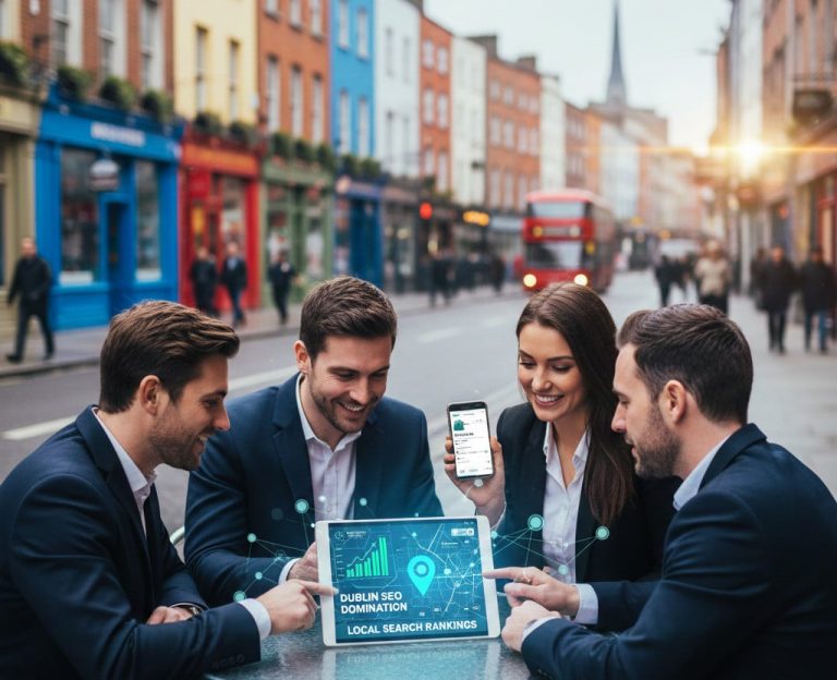 Business team analysing Dublin local SEO on digital devices.