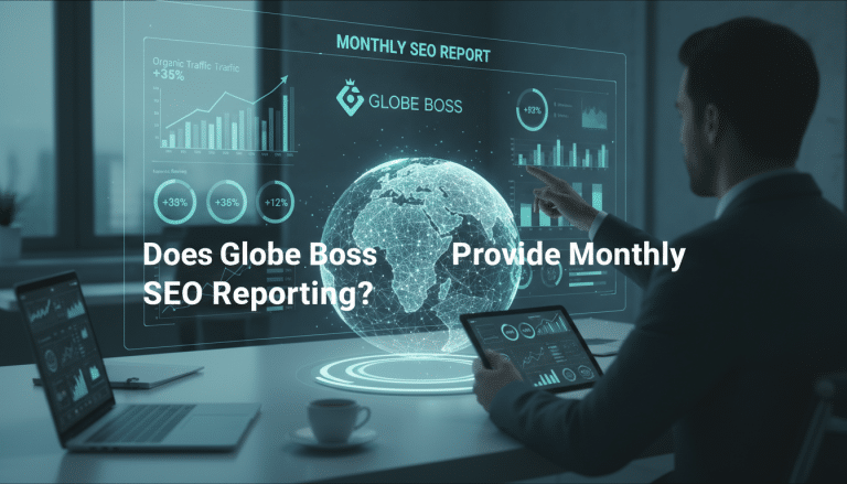 Man reviews Globe Boss monthly SEO report on screen.