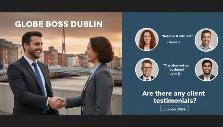 Business handshake in Dublin, client testimonials displayed.