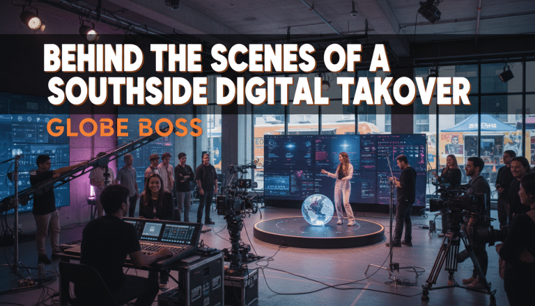 Behind-the-scenes digital production with presenter, globe, screens, and technical crew.