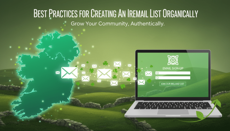 Irish email list growth with map, emails, and sign-up laptop.