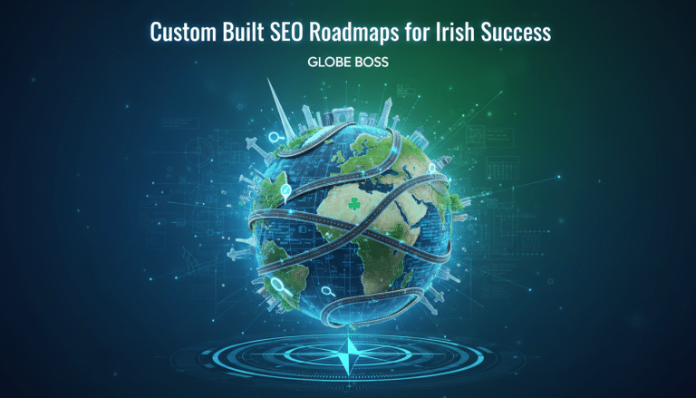SEO roadmaps for Irish success, globe with roads and shamrock.
