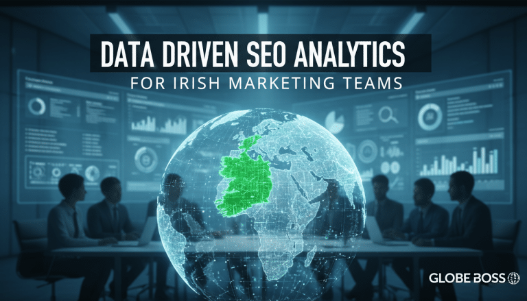 Data-driven SEO analytics for Irish marketing teams with globe.
