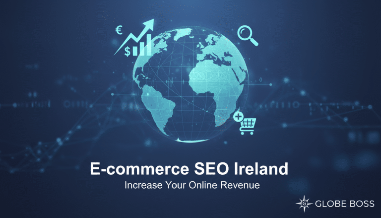 E-commerce SEO Ireland: globe, growth, shopping, search icons.
