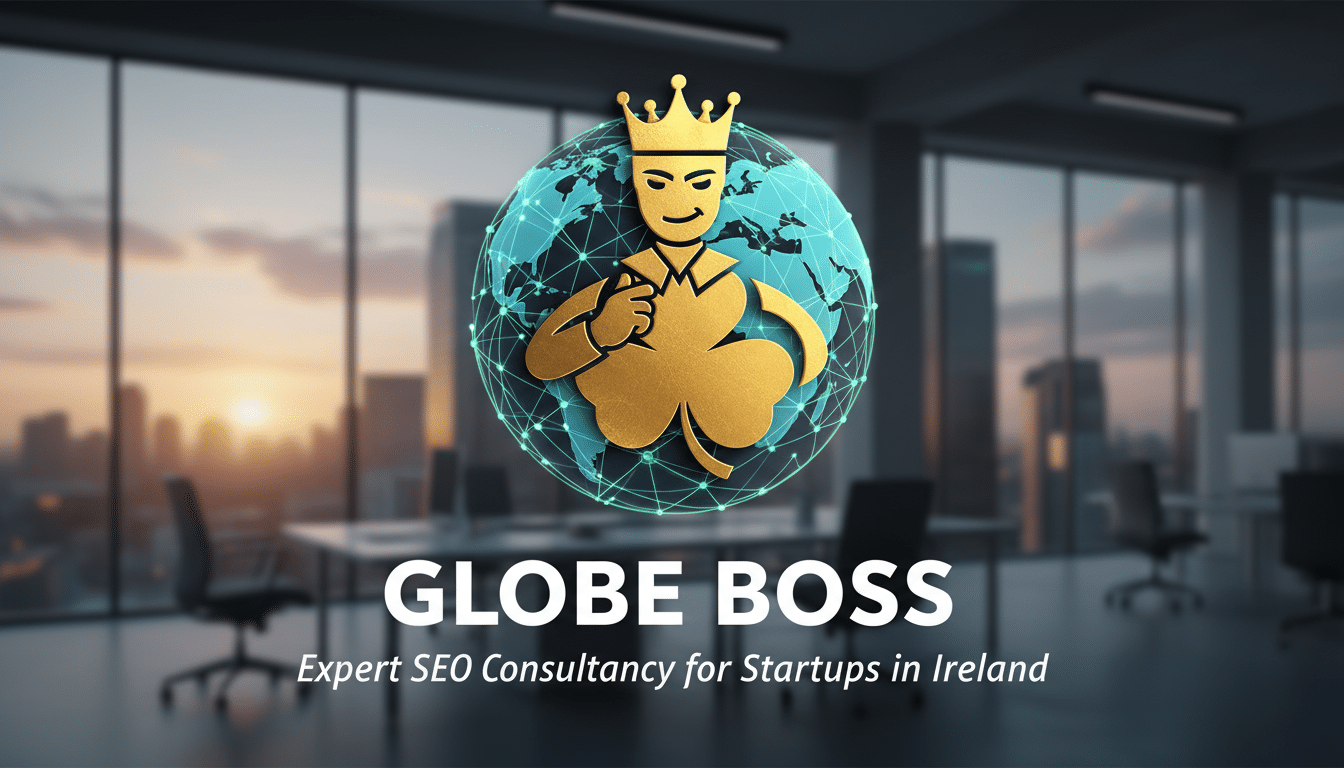 Globe Boss logo: crowned shamrock figure on networked globe.