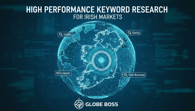 High performance keyword research for Irish markets, digital globe with Ireland.