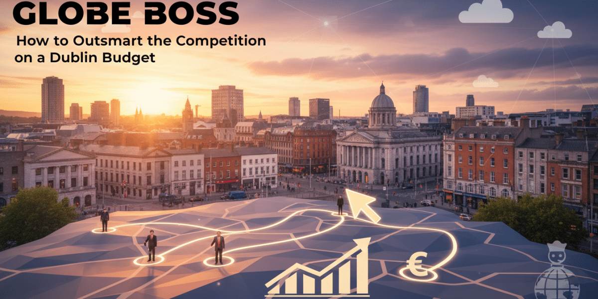 Dublin cityscape with business strategy network and financial growth icons.