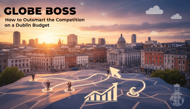 Dublin cityscape with business strategy network and financial growth icons.