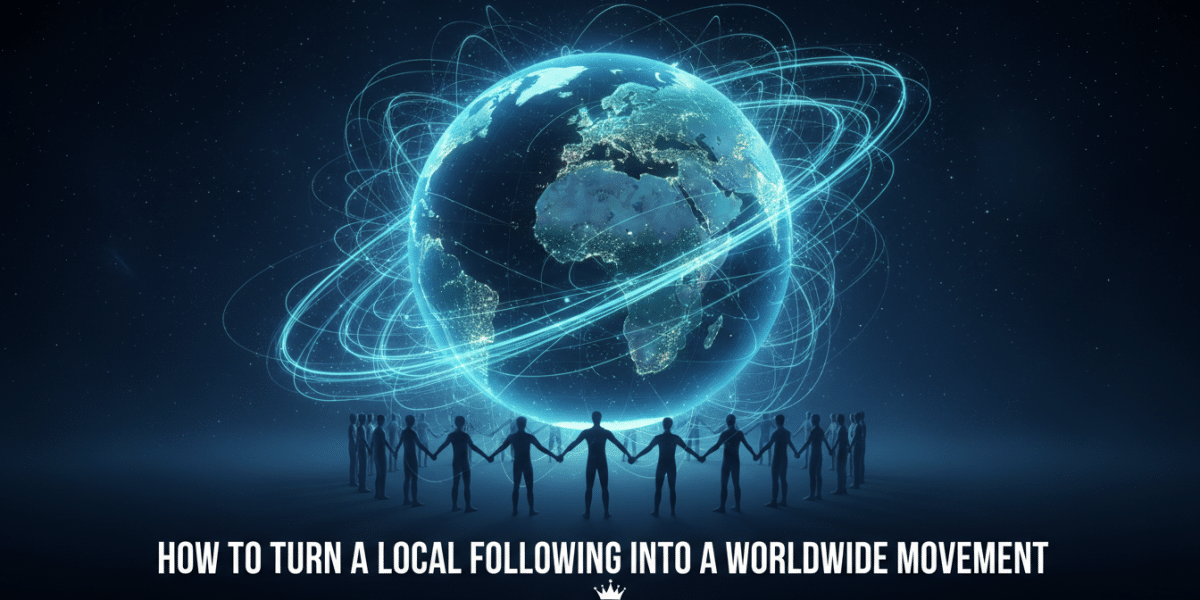 Global movement: people connecting around a glowing Earth.