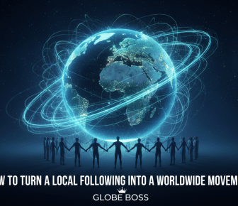 Global movement: people connecting around a glowing Earth.