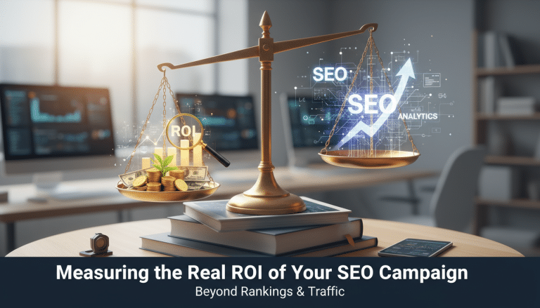 Scales balancing SEO efforts with financial ROI and analytics.