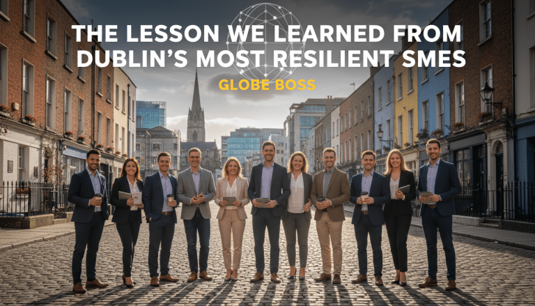 Business team on Dublin street for resilient SME lessons.