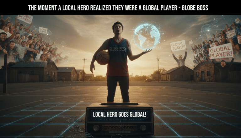Basketball player holds globe, celebrated as a global hero.