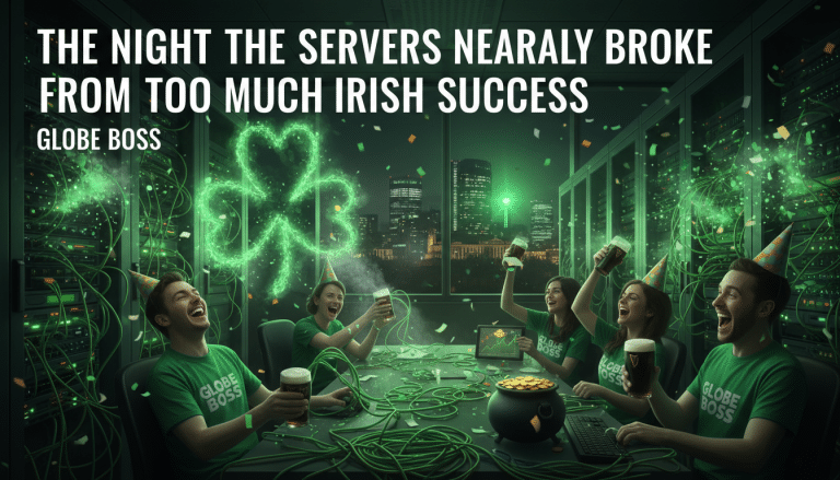 Festive server room party, green shamrock glow, Irish success.