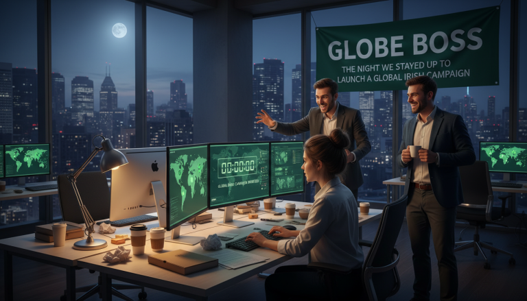 Team launches global Irish campaign in city office at night.