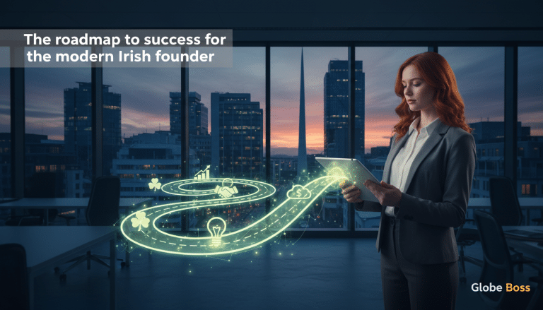 Irish founder using tablet to visualise business success roadmap.