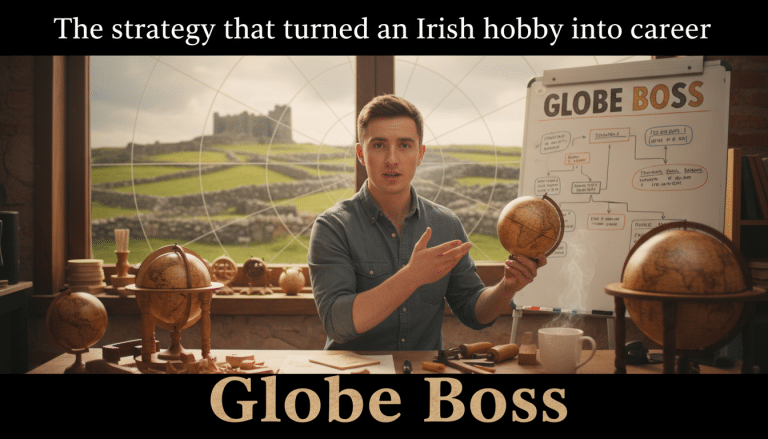 Irish man presenting globe-making hobby in scenic castle backdrop.
