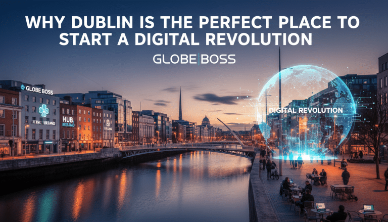 Illuminated Dublin cityscape with digital globe promoting revolution.