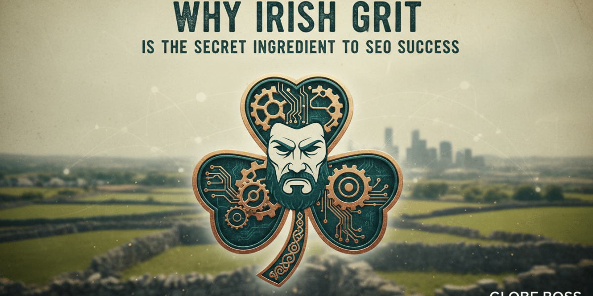 Irish grit SEO success graphic: shamrock, gears, bearded face.