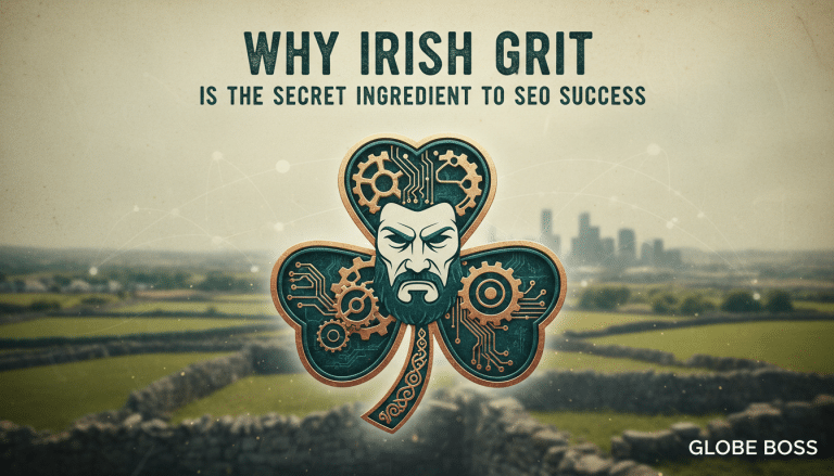 Irish grit SEO success graphic: shamrock, gears, bearded face.