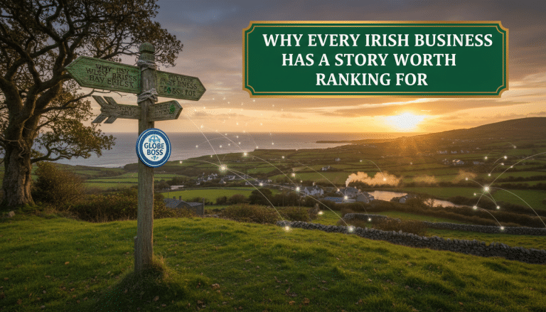Irish landscape, signpost, digital connections, and business ranking message.