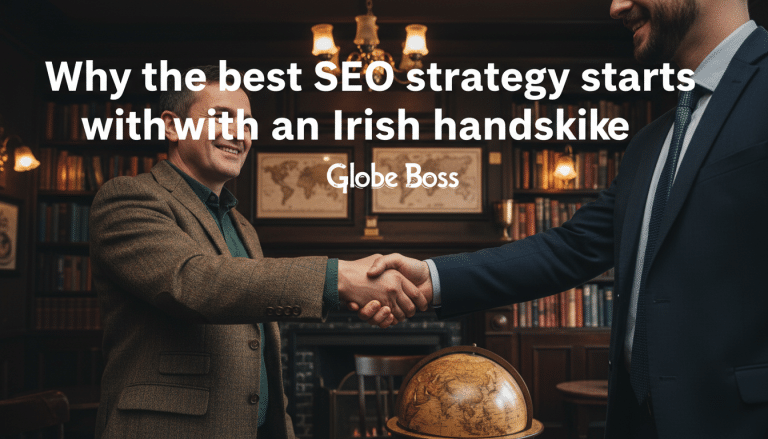 Businessmen shaking hands, 'Irish handshake' for SEO strategy.