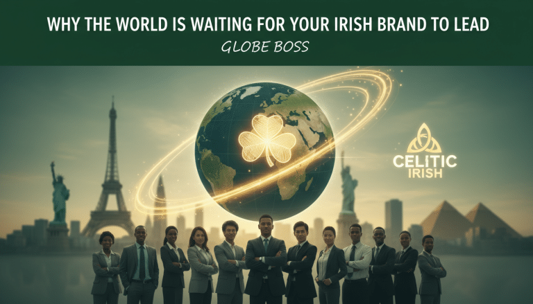 Irish brand leadership globally with shamrock and diverse business team.