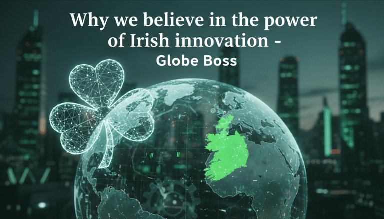 Shamrock and globe highlight Irish innovation in a modern city.