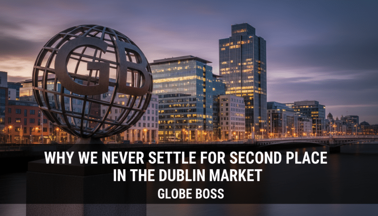 Dublin's GB Globe sculpture and modern cityscape at twilight.
