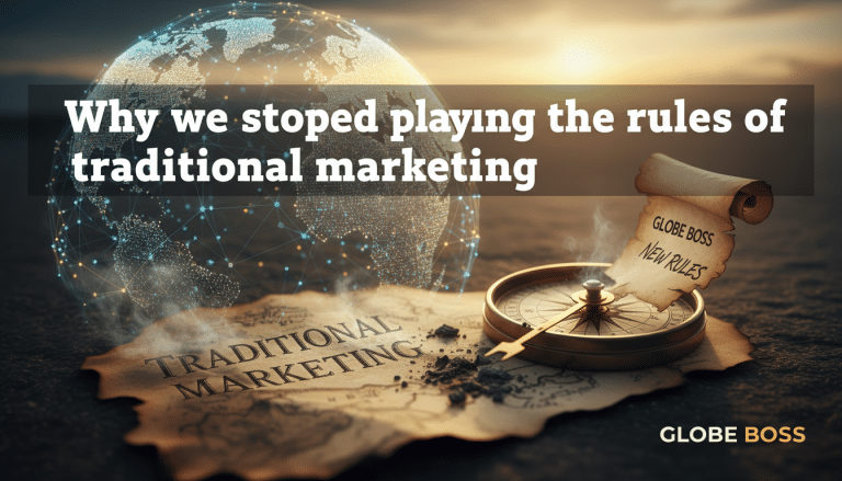 Digital globe, compass, 'NEW RULES' replacing 'TRADITIONAL MARKETING' concept.
