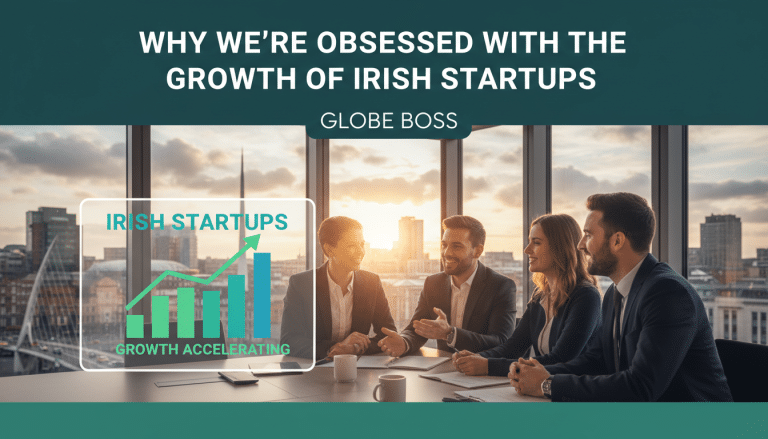 Business team discussing accelerating growth of Irish startups with graph.